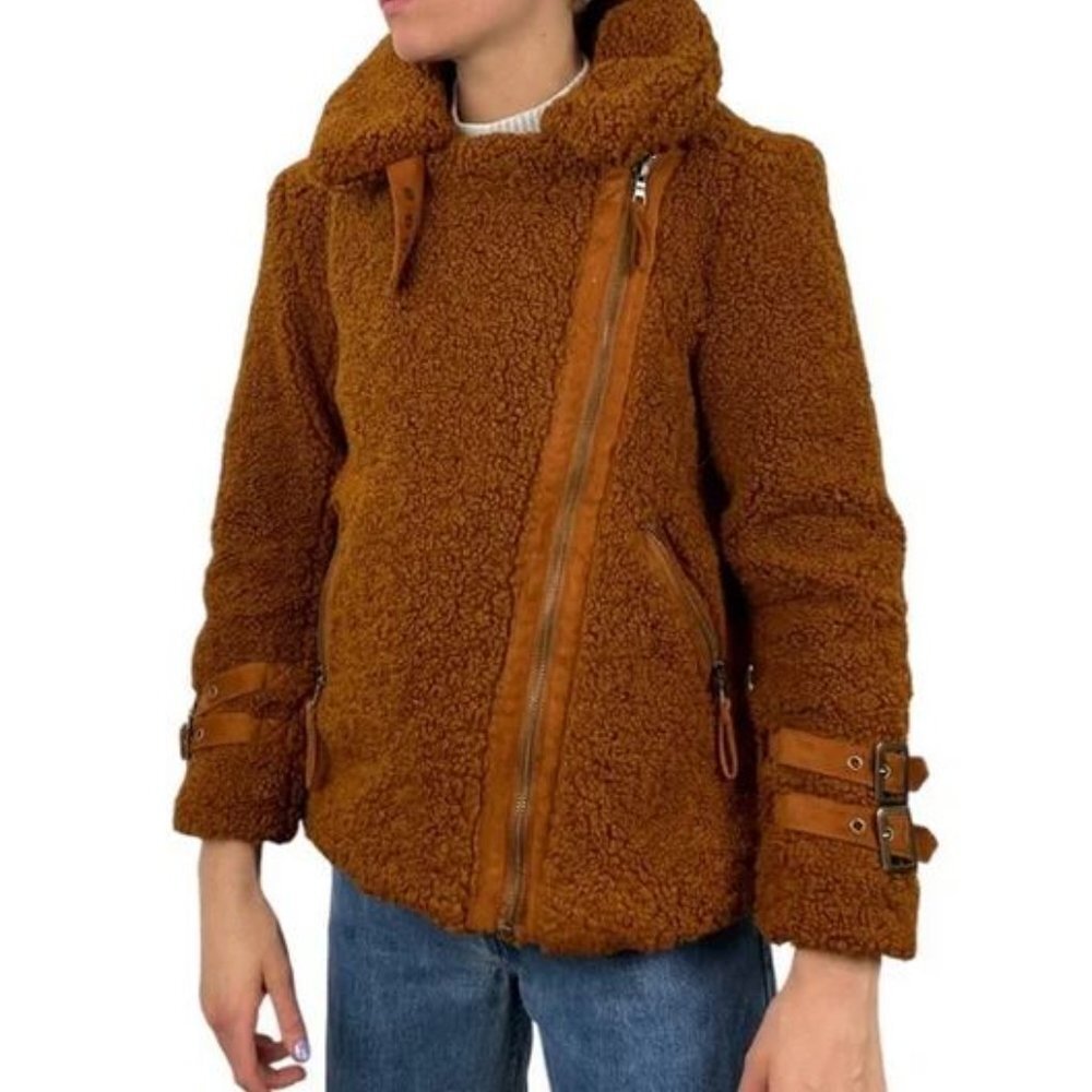 MARRAKECH Anthropologie Sz S Women's Brown Fuzzy Sherpa Moto‎ Jacket